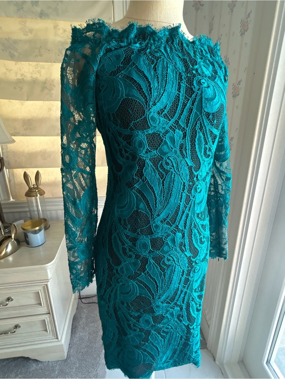 Emilio Pucci Teal Lace Long-Sleeve Sheath Dress